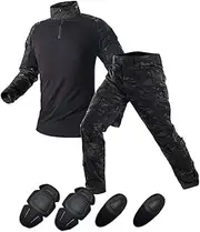 [SUNNY] Outdoor Sports Airsoft Gear Jungle Hunting Clothes Woodland Shooting Shirt Pants Set Battle Dress Uniform BDU Set Tactical Combat Camouflage Clothing with Kneepad Elbow Pads - Black CP - XL