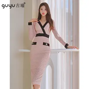 正韓洋裝2023新款撞色邊V領長袖粉色禮服中長窄裙連身洋裝