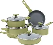 Cooking Pots and Pans Set 9-Piece, Non Stick Aluminum Cookware Set, Sauce Pans & Stock Pots with Lid, Cool Touch Handle, Compatible Base (Gas, Electric & Induction), Sage Green