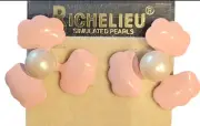 VTG RICHELIEU Earrings Floral Enamel Pink Stud Simulated Pearl Jewelry 1.25"L