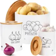 WUWEOT 3 Pack Vegetable Storage Tins, Round Metal Potato Onion Garlic White