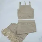House Of Harlow 1960 2pc Set Crochet Knit Crop Top Skirt Fringe Beige Sz M NWT