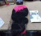 Pink Root Black Wig With Bangs T Part Lace Front Human Hair Wig