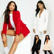 Womens Gold Button Double Breasted Duster Coat Ladies Jacket Blazer Plus Size