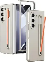 [Clatoxi] Case for Samsung Galaxy Z Fold 5 with S Pen Holder and Integrated Screen Protector, Shockproof Anti-Fingerprint Protective Slim Cover (White + Pink Pen)