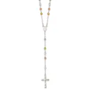 Sterling Silver Tri-Color Polished Textured Bead Rosary 26 Inch Necklace