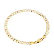 10K Yellow Gold Solid 5mm Diamond Cut White Pave Cuban Curb Chain Bracelet 7"-9"