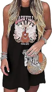 [NITRFLA] Nashville Music City Mini Dress Women Country Music Rock Band Sleeveless Dress Vintage Guitar Wings Graphic T Shirts Dress