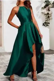 Green Azura Exchange Women's Satin Pleated High Low Formal Dress w/ Pocket XL