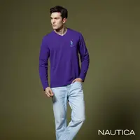 在飛比找momo購物網優惠-【NAUTICA】男裝 鯊魚圖騰刺繡V領長袖T恤(紫)