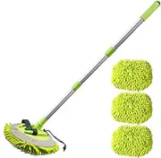 BlueFire 2 in 1 Car Wash Mop Mitt Chenille Microfiber Car Wash Brush with 44.5" Long Handle, 180° Rotation Cleaning Tool Brush Duster for Truck RV Bus(Green)