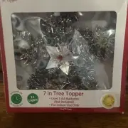 Christmas Star Topper Silver Tinsel Garland Multi Color Lights 7” Tree Topper