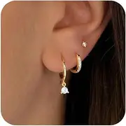 [YANLVE] Gold Earrings for Women Trendy Set of 3 Pair Dainty Gold Dangle Small Hoop Stud Earrings for Women 14K Gold Plated Huggie Hoop Earrings for Women Cartilage Second Hole Earrings Stack for Women