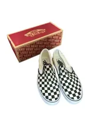 Vans Men's Asher Checkers Black/Natural Canvas Slip On Skate mens 8 womens 9.5