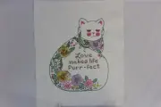 Vintage Completed Cross Stitch Cat with Flowers Love Makes Life Purr-fect