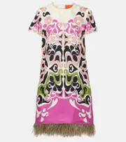 [La DoubleJ] La DoubleJ Mini Swing feather-trimmed silk minidress UK 8 multicoloured