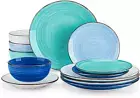 Bonita Dinnerware Set Blue Stoneware 12 Pieces Service for 4, Handpainted Spiral