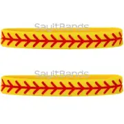 2 Softball Silicone Wristbands - Two Yellow Bracelets with Red Thread Debossed