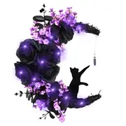 Moon Cat Halloween Wreath with Lights