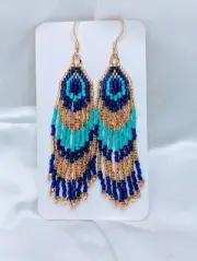Peacock feather Beaded Fringe Earrings Handmade Gold Turquoise Gold Filled Hooks