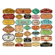 Old West Town Signs, 32 Multi-Scale Dollhouse & Railroad Signs, 1 STICKER SHEET