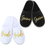 [Janmercy] 2 Pairs Wedding Slippers Groom Bride Slippers for Wedding Day Personalized Slippers Shower Wedding Bridal Party Gifts, White and Black