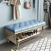 Modern Premium Metal with Pu Leather Shoe Rack Bench Storage Bench Shoe Changing Stool for Living Room Bedroom Entryway Hallway-Blue 60x35x45cm(24x14x18inch)