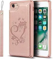 Cavor for iPhone SE 2020/ SE 2022 iPhone 7/8 Wallet Case PU Leather TPU Back Cover Flip Magnetic Clasp Heart Flower Butterfly Shockproof Cases Lanyard Card Slots Holder Kickstand-Heart Flower Rose