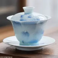 在飛比找PChome24h購物優惠-【FEW fu】手繪荷花堆雕白瓷蓋碗 - 150ml (茶杯