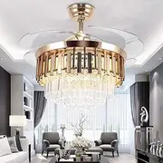 FanLighting 42 Inch Invisible Reversible Ceiling Fan with LED Lights and Remote Control, 4 Retractable Blades Fan Chandelier for Bedroom, Indoor Crystal Ceiling Light Kits with Fans (Gold-03, 107 CM)