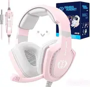 Pink Gaming Headset with Mic for PC Computer Mac Laptop, Over-Ear Wired Gaming Headphones with Microphone, Volume Control, Compatible with PS4 Xbox PS5 Controller Phone