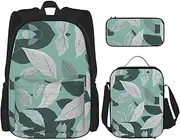 Mint Gray Leaves Backpack With Lunch Box And Pencil Case 3 In,Kawaii Backpacks With Lunch Bag Matching Combo