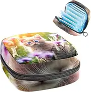 Period Bag,Sanitary Napkin Storage Bag,Cute Kitten Flower Grass,Tampon Bag for Purse