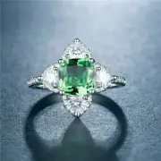 3CT Cushion Cut Real Emerald Floral Style Jewelry Ring 14K White Gold Finish