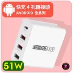 【加購商品】安卓系列 51W「快充4孔轉接頭 」 豆腐頭 / 電源轉接頭 (PD + QC-USB+USB3.0)