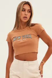 Brown Baby Tee Short Sleeve Crop Round Neck - Size XXS, Women's Graphic Tee