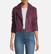 NWT $995 Alice + Olivia Cody Crop Lamb Leather Moto Jacket in Purple - size XS!