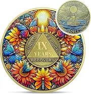 Delicate Sunflower 9 Year Sobriety Coin - Nine Year Recovery Butterfly AA Coins - One Day at A Time NA HA AA Chips and Medallions - 1-40 Years Living Clean Alcoholics Anonymous Gifts for Men Women