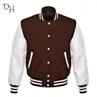 New Letterman Brown Wool Varsity Bomber Jacket With White Real Leather Sleeves