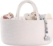 Baby Diaper Caddy Organizer for Girl Boy Cotton Rope Nursery Storage Bin Basket Portable Holder Tote Bag for Changing Table Car Travel Baby Shower Gifts Newborn Essentials Registry Must Haves White