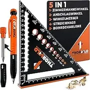 THORVALD 5 in 1 Speed Square 180 mm + Carpenter's Pencil - Multipurpose: Marking Gauge/Protractor/Drilling Jig/Try Square - Aluminium - Time-Saving Tool