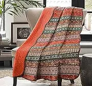 Cozyholy Boho Quilt Twin Size 100% Cotton Quilted Blanket Colorful Bohemian Striped Bedspread Coverlet Reversible Lightweight Stitch Vintage Bed Cover Throw Blanket for Couch Sofa Orange