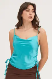 Blue Cami Top Sleeveless Cowl Neck Satin - Size 8, Women's Cami