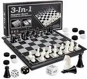 3-in-1 Magnetic Chess Set, 3 in 1 Chess Checkers Backgammon Set with Folding Portable Chess Board(32x32x2cm), Travel Magnet Board Games for Kids and Adults