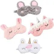 Gogogmee 4Pcs Cartoon Sleep Eye Mask Set Unicorn and Horn Designs Plush Shading Eyepatch for Travel Nap and Sleep Comfortable Blindfold for Relaxation