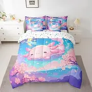 Feelyou Cute Axolotl 7 Piece Bedding Set Full Size Pink Cherry Floral for Kids Boys Girls Teens Toddler Cartoon Ocean Animal Bed in a Bag Comforter Set with Sheets awaii Salamander Bed Set