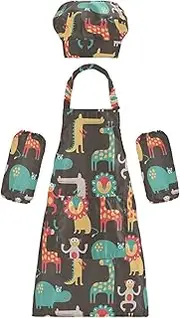 AIXIWAWA Kids Apron Chef Hat Set, Child Kitchen Bib Aprons Adjustable for Cooking Baking Painting (Flat Cartoon Animals)