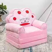Homodoskey Kids Couch Fold Out, Foldable Princess Chair for Toddlers 1-3, Sofa Bed for Kids Folding Toddler Bed Lounger Chair for Bedroom, Toddler Couch Bed for Girl(Crown, Pink)