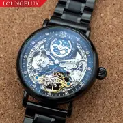 Mens Dual Time Flywheel Skeleton Automatic Mechanical Watch Stainless Black