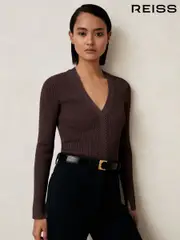 Reiss Mocha Brown Lauri Craft Stitch Rib Knit Top (W38531) | $280